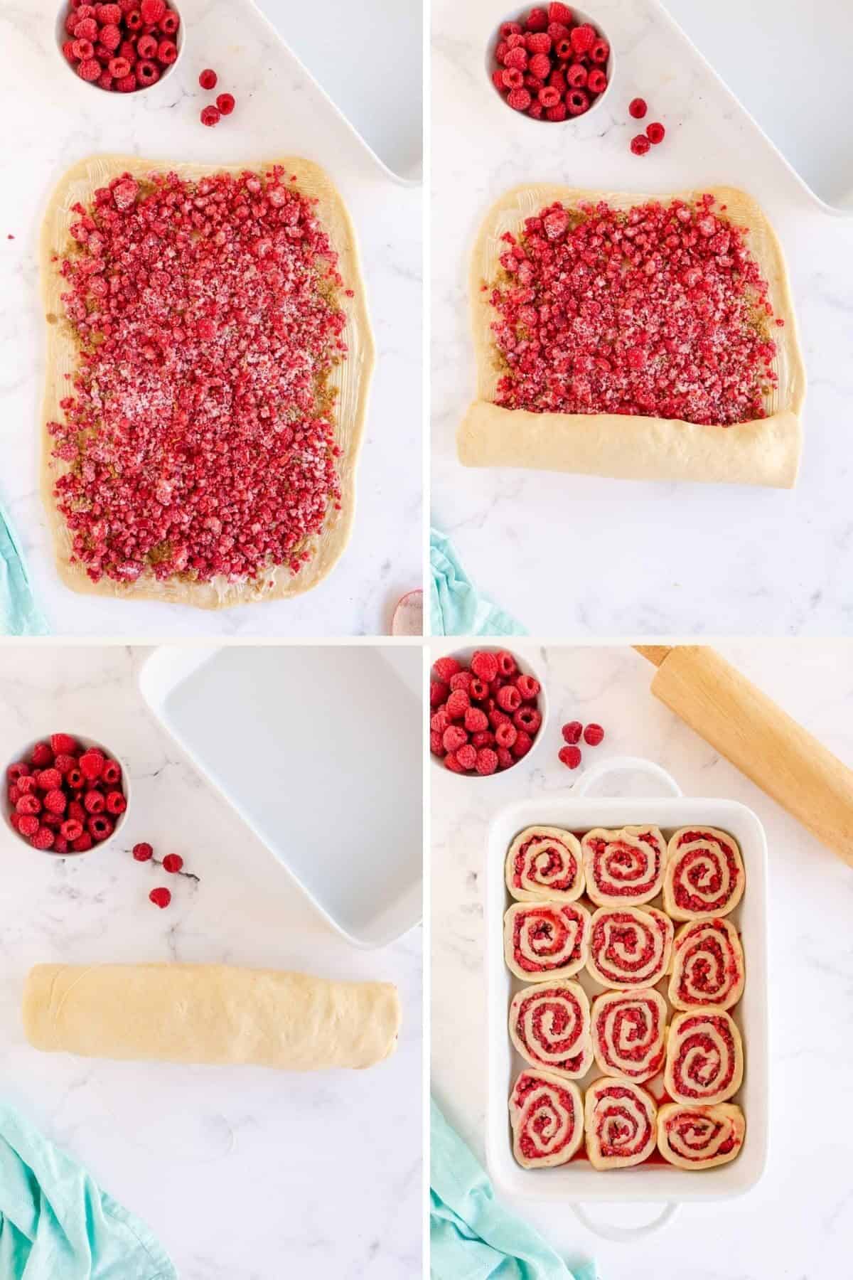 rolling and cutting raspberry sweet rolls