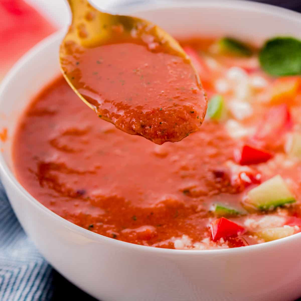 watermelon gazpacho on a spoon