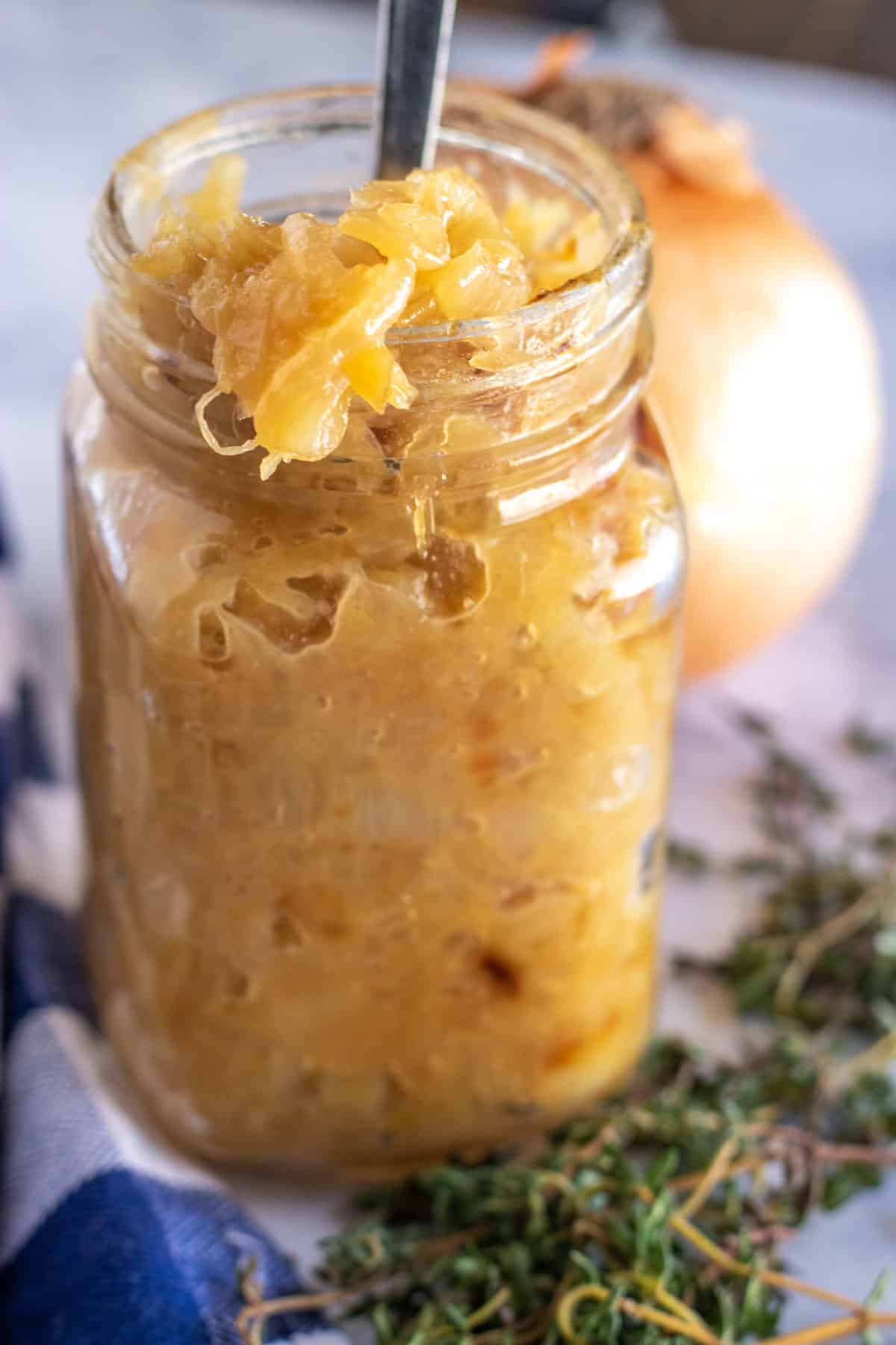 caramelized onions in a mason jar