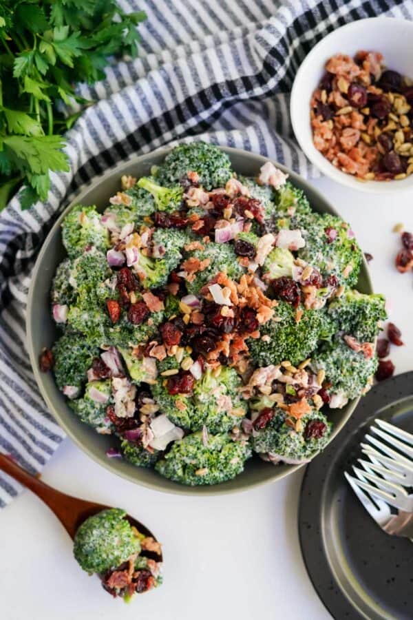 broccoli salad in a bowl with bacon