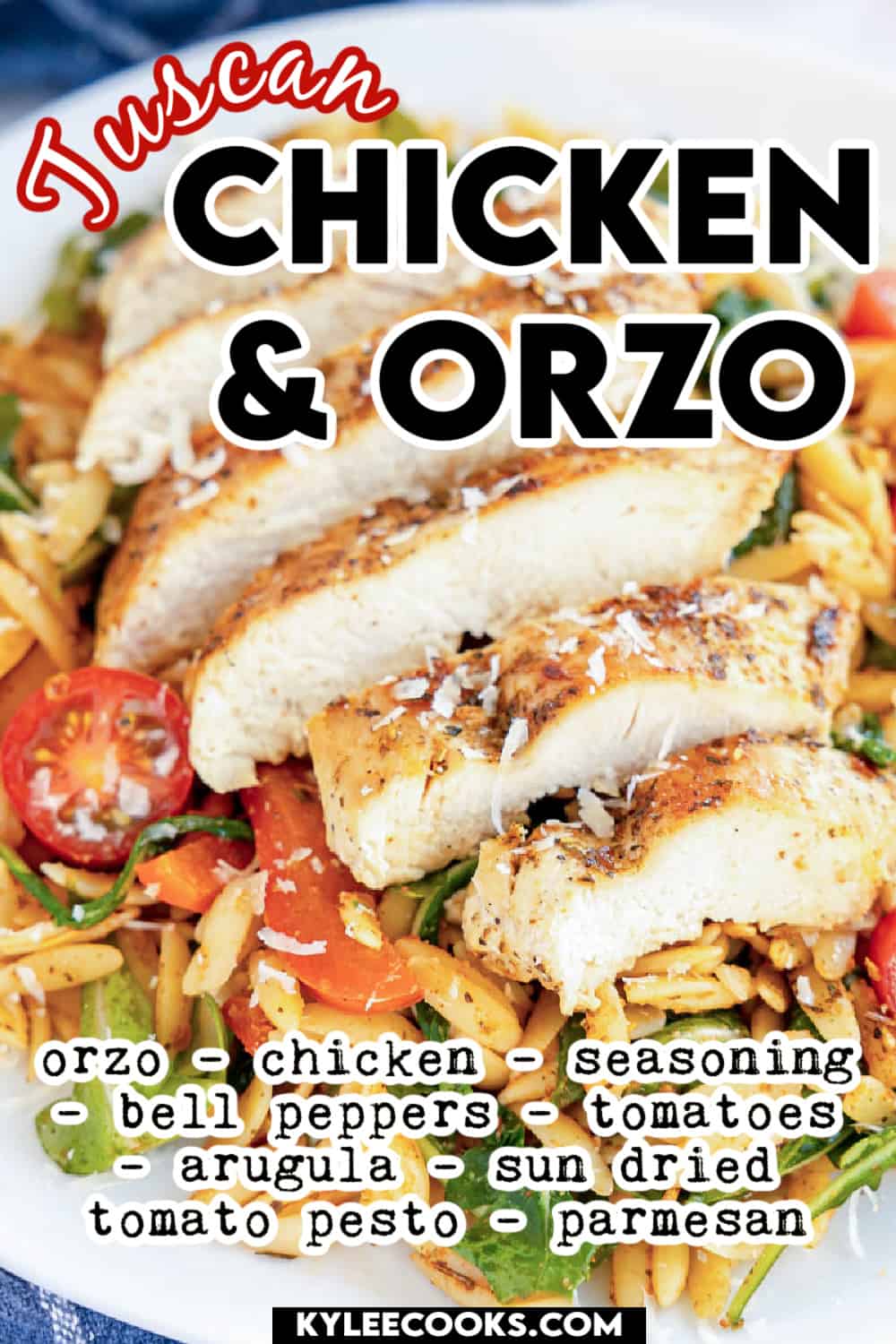 cooked chicken breasts in a skillet with orzo, with recipe name and ingredients overlaid in text.