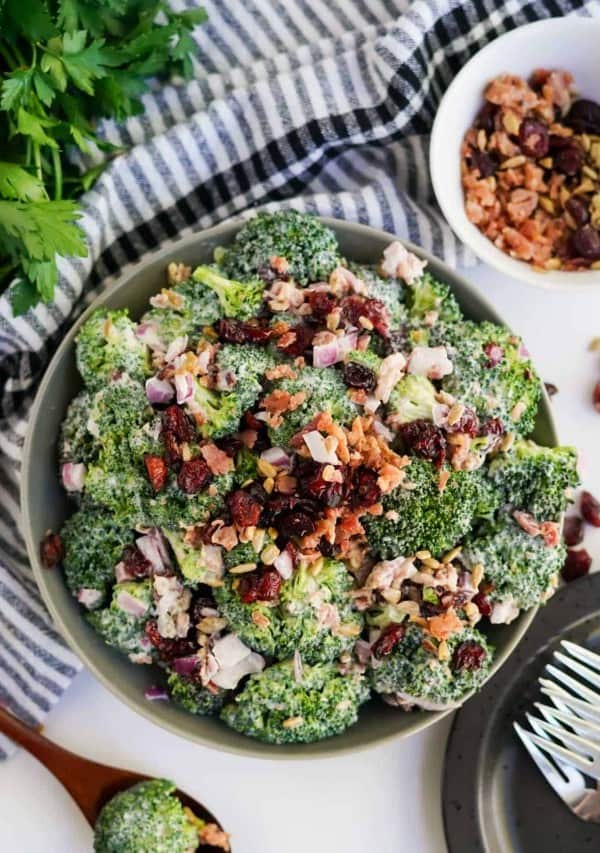 broccoli salad in a bowl with bacon