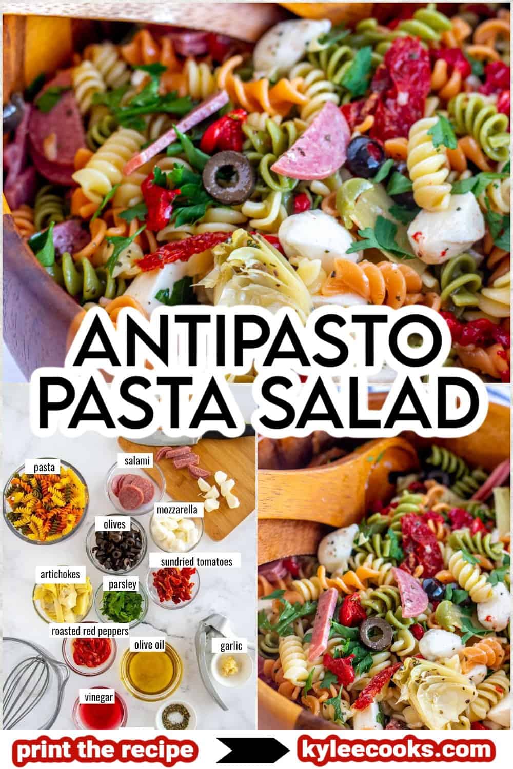 antipasto salad in a wooden bowl with spoons