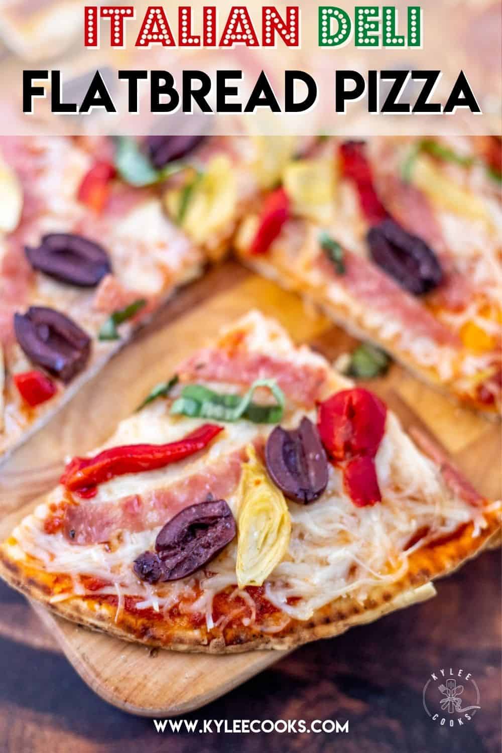 italian deli flatbread pizza with recipe name overlaid in text