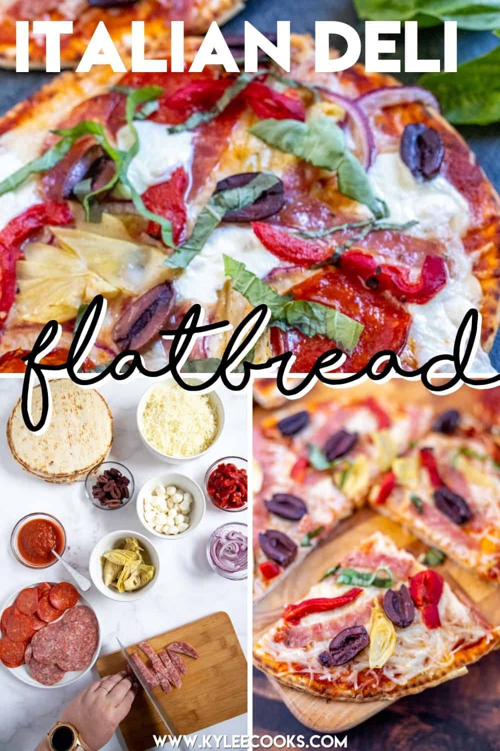italian deli flatbread pizza collage with recipe name overlaid in text