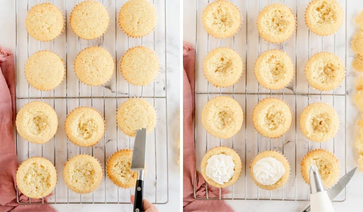 collage of step by step process filling cupcakes with cream