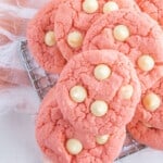 strawberry cake mix cookies on a baking rack