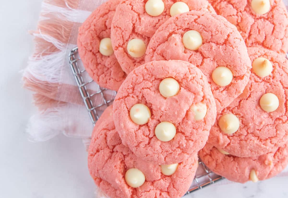 strawberry cake mix cookies on a baking rack