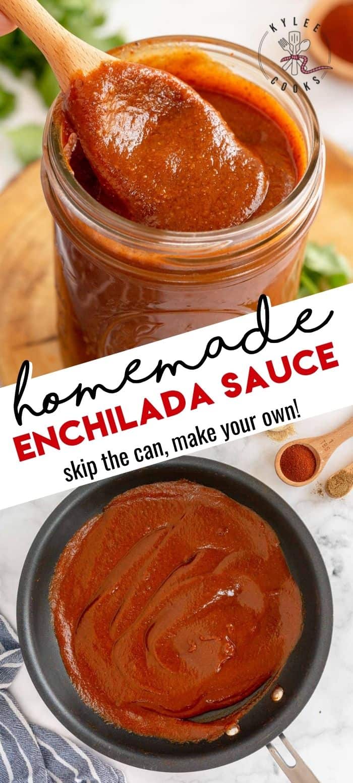 homemade enchilada sauce in a jar with recipe title in text overlay