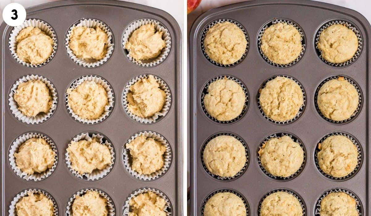 collage of process shots showing unbaked and baked muffins