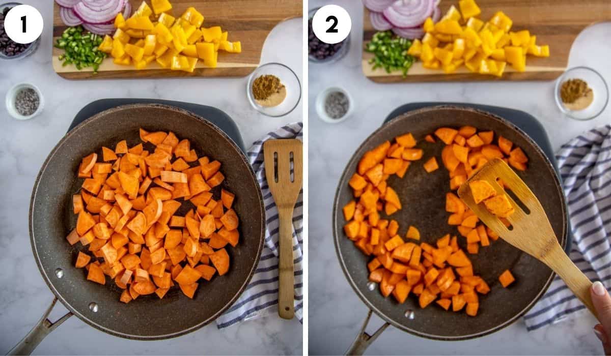 collage showing cooking sweet potatoes