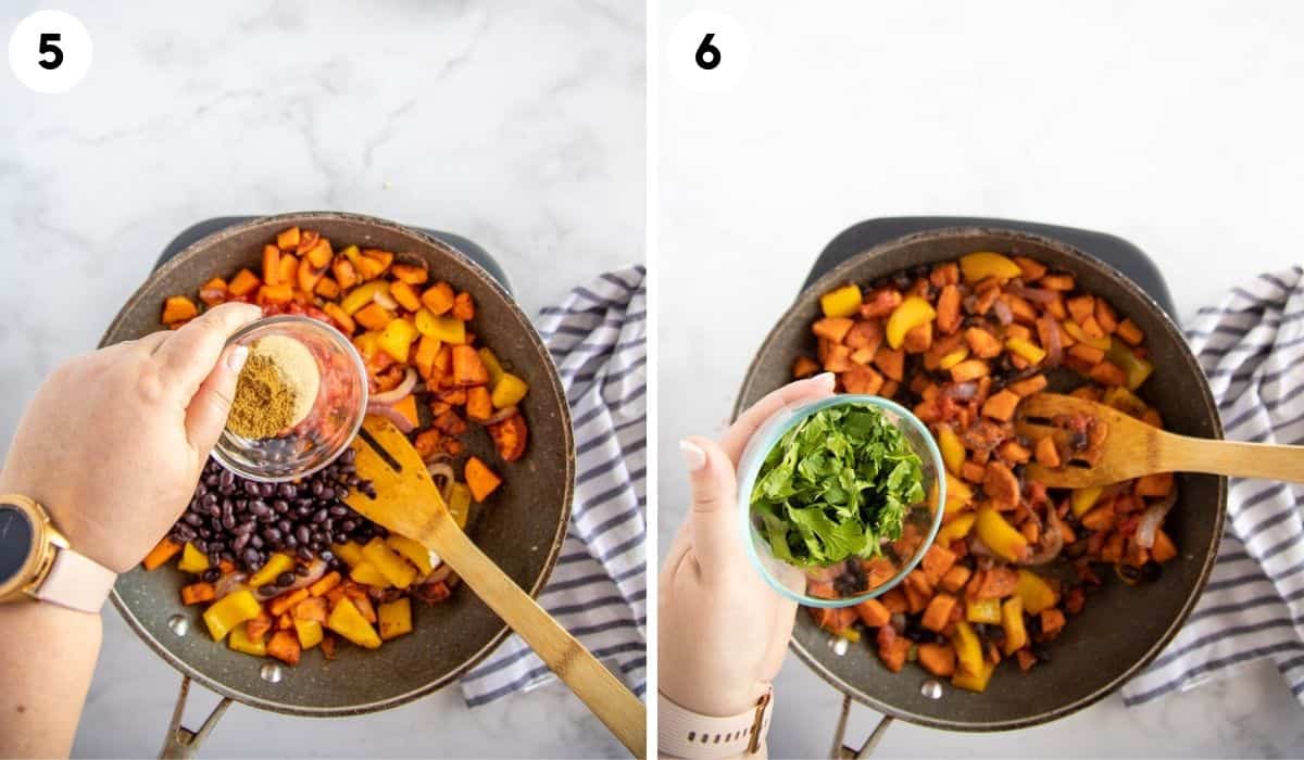 collage showing steps to make sweet potato hash
