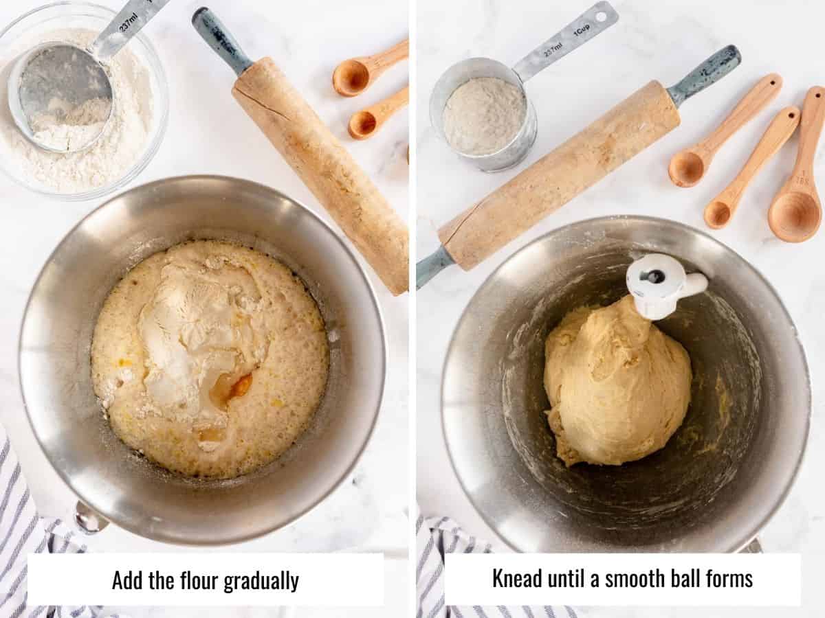 step by step to make dinner rolls - mixing dough