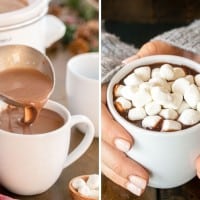 collage of hot chocolate on a ladle next to hands holding a mug of hot chocolate.