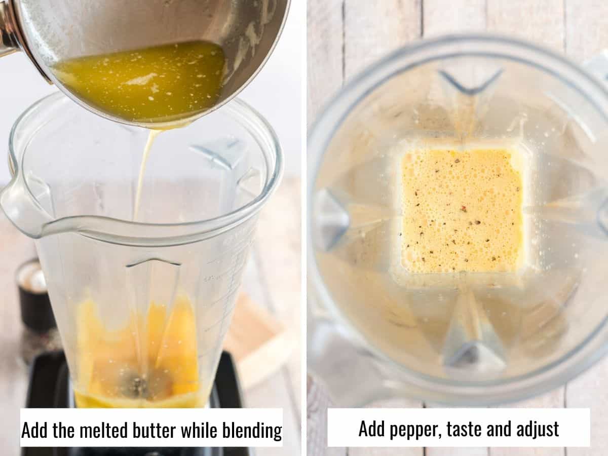 collage of steps to make hollandaise sauce in a blender