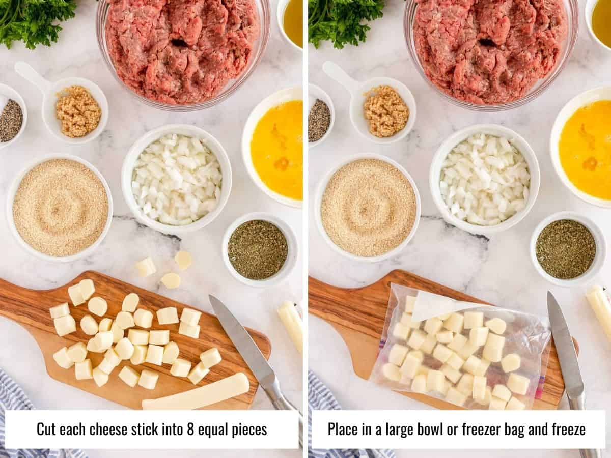 collage of process to make cheese stuffed meatballs - uncut and cut mozzarella cheese cubes