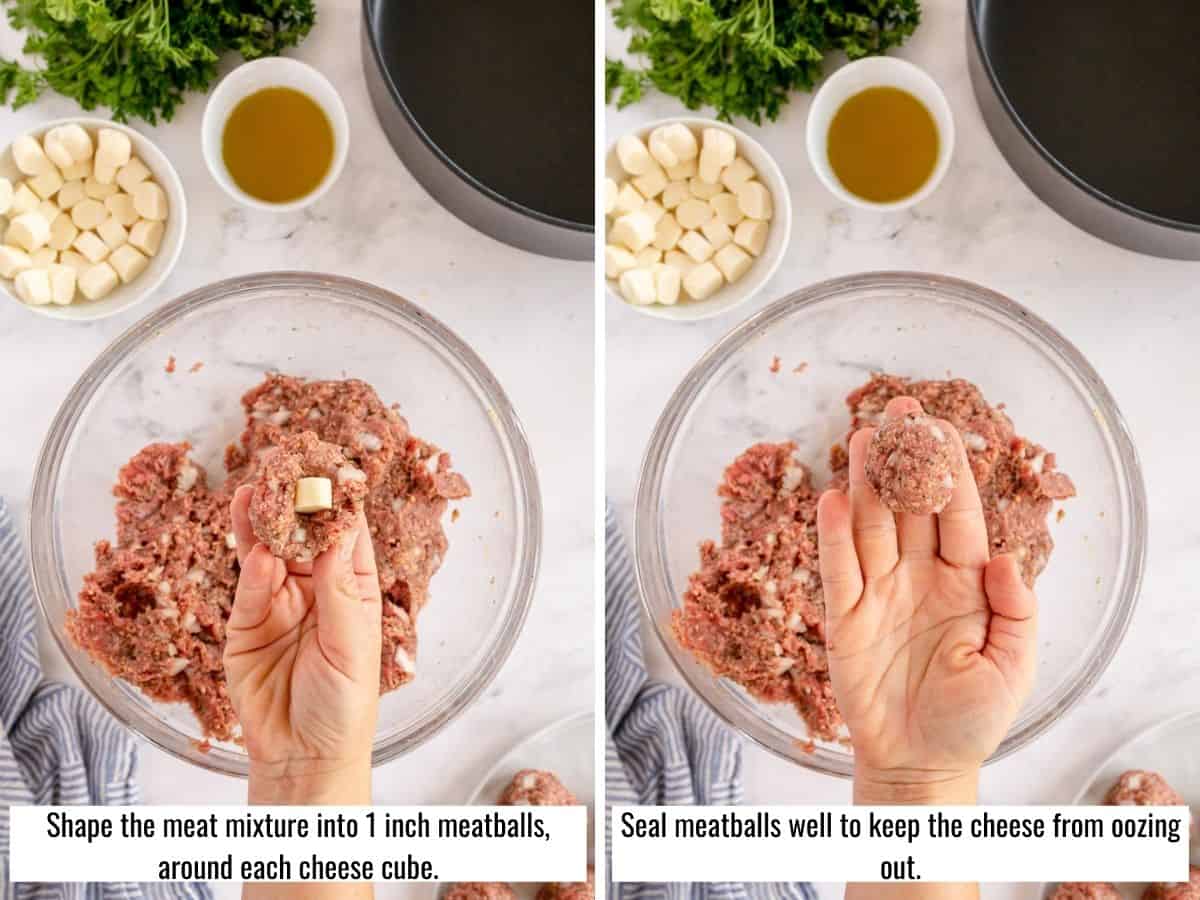 collage of process to make cheese stuffed meatballs - forming meatballs