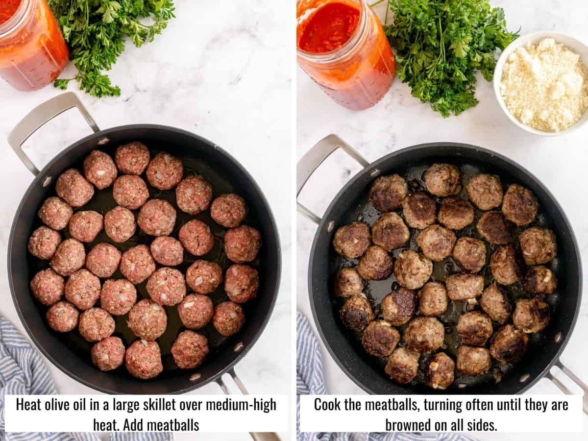 collage of process to make cheese stuffed meatballs - cooking meatballs