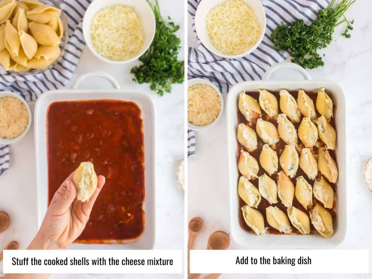 collage of step by step instructions to make stuffed shells