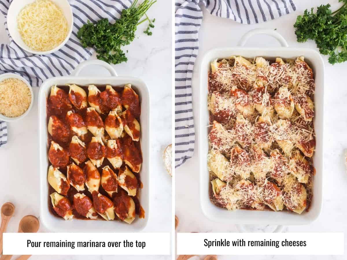 collage of step by step instructions to make stuffed shells