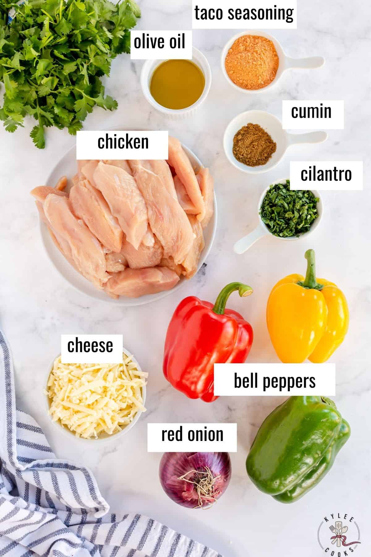 ingredients to make chicken fajita casserole laid out and labeled
