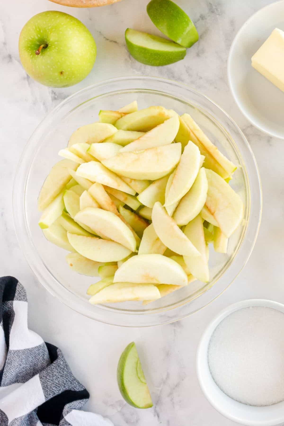 peeled and chopped apples in a bowl