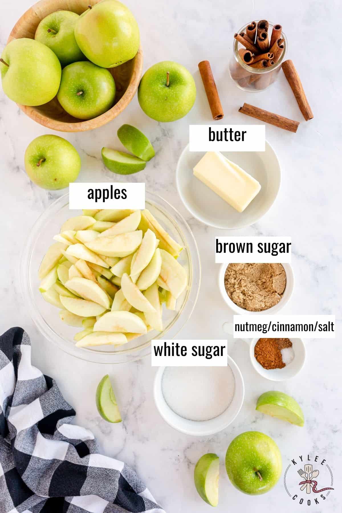 ingredients to make fried apples, laid out and labeled