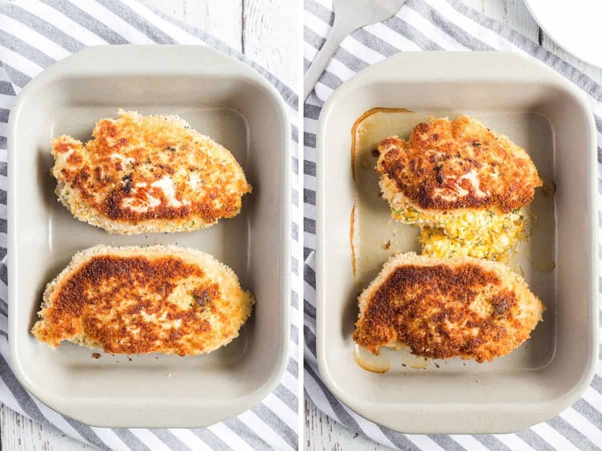 jalapeno popper chicken in baking dishes showing side by side baked and unbaked