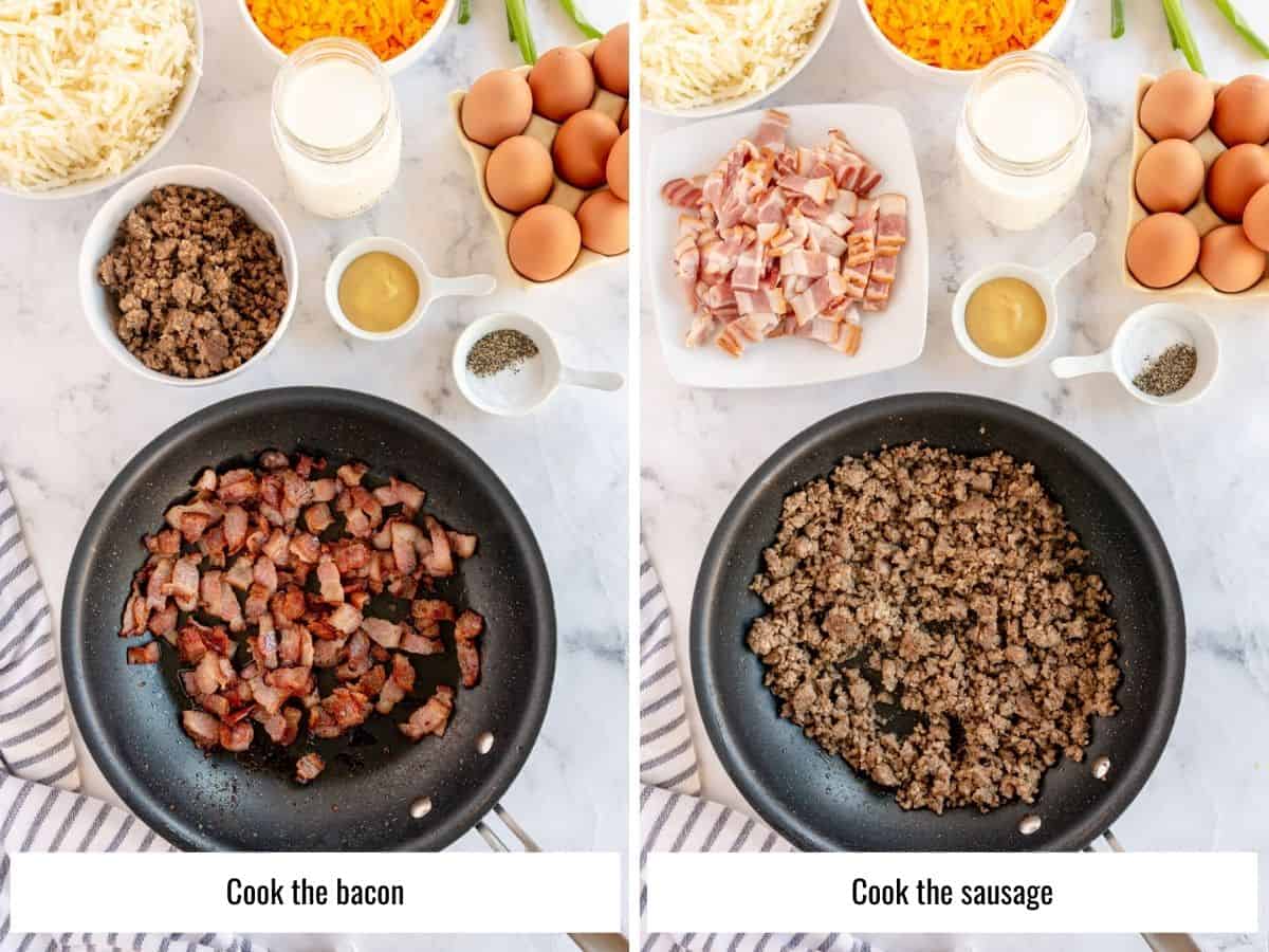 step by step collage, cooking bacon and sausage
