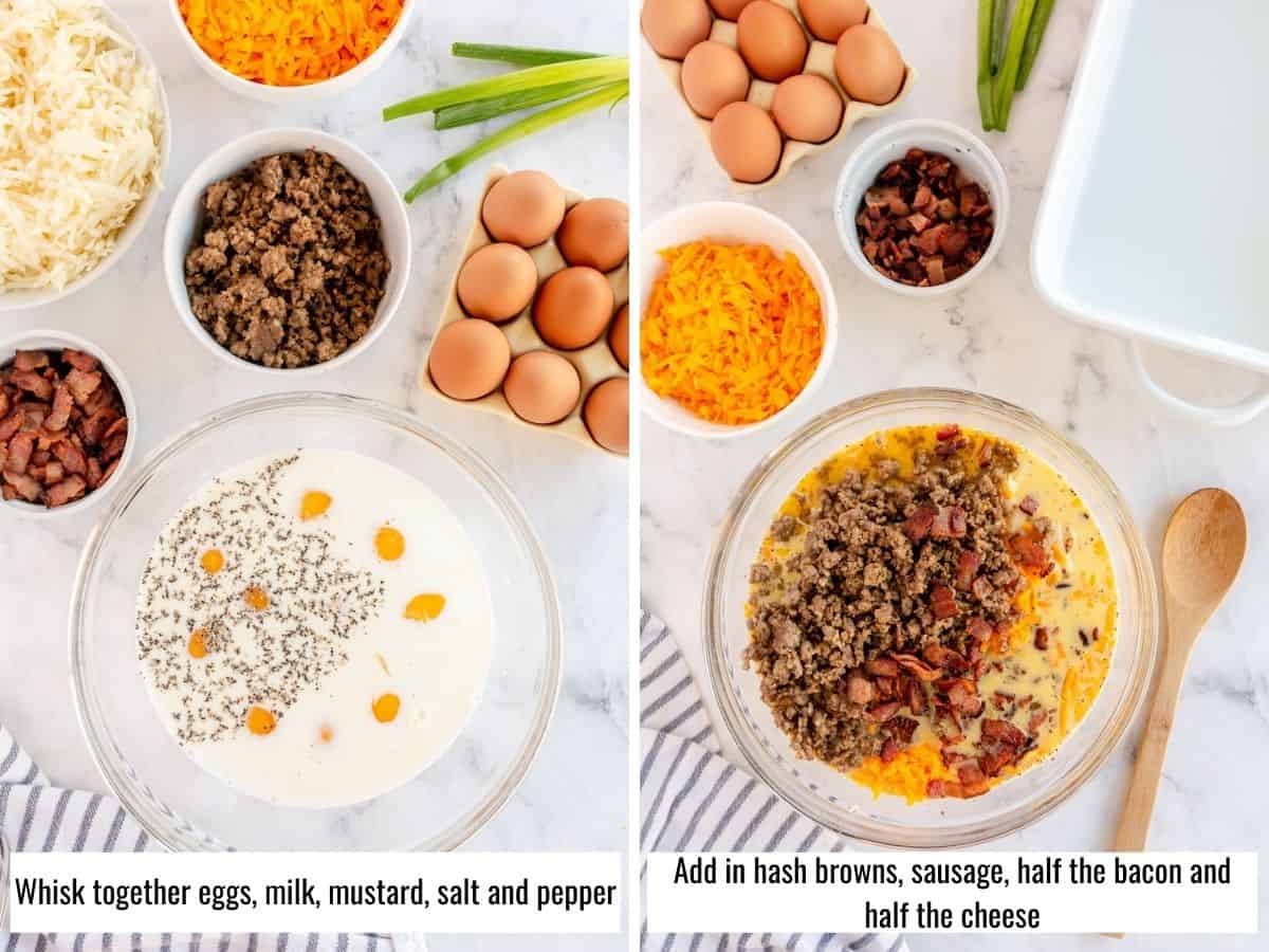 step by step collage, mixing up filling for breakfast casserole
