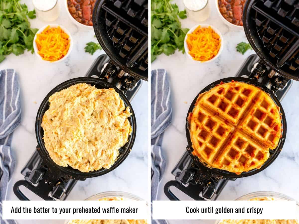 collage of cooking cornbread waffles