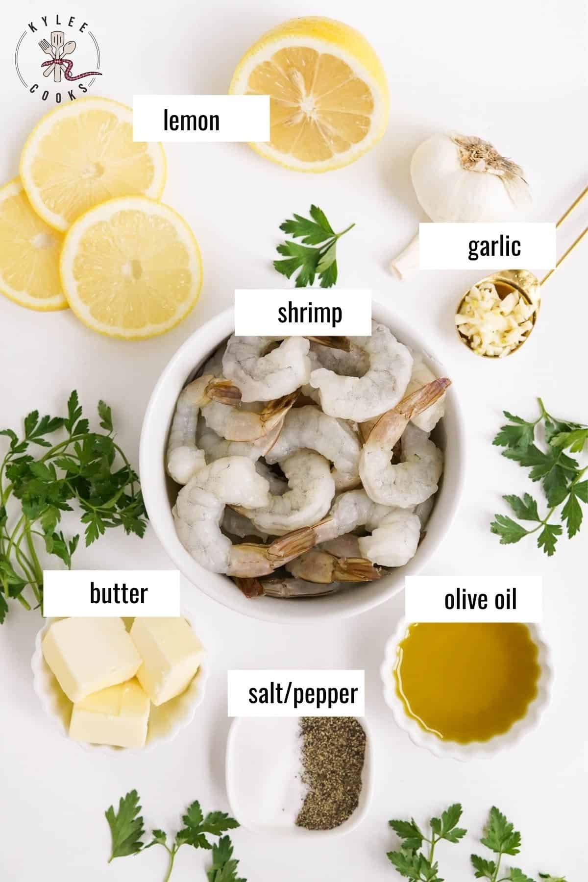 garlic butter shrimp ingredients laid out and labeled