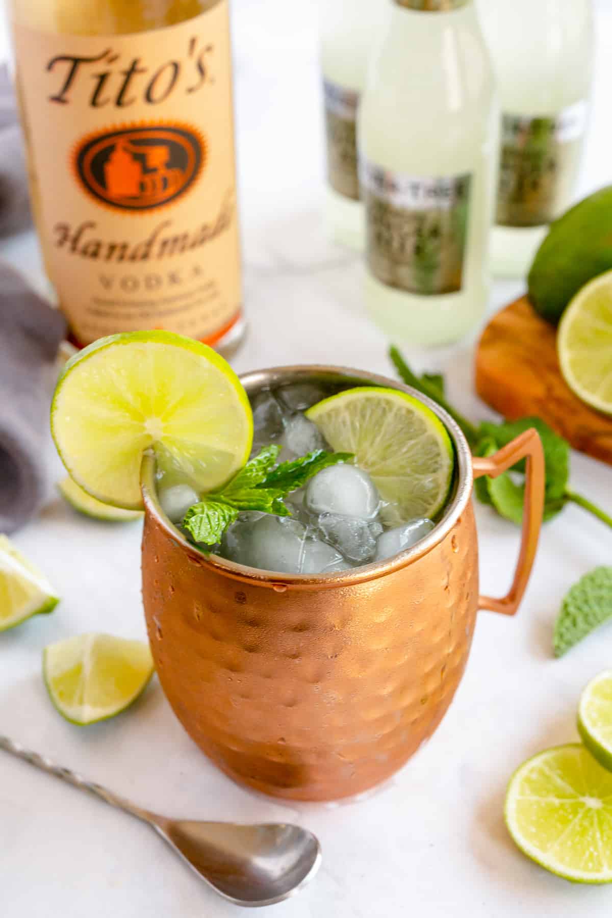 Moscow mule in a copper mug with a vodka bottle and a cocktail stirrer.