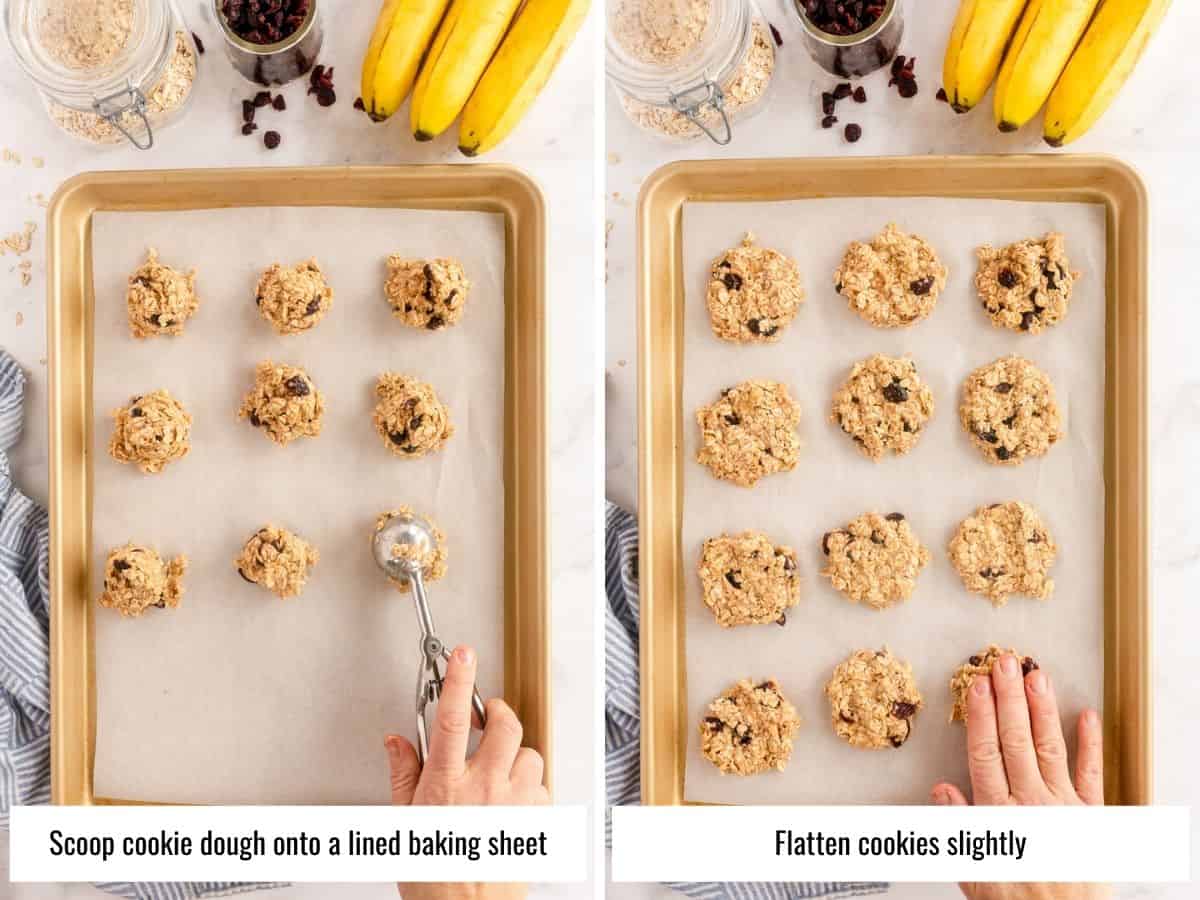 collage of process steps for making breakfast cookies - scooping and flattening