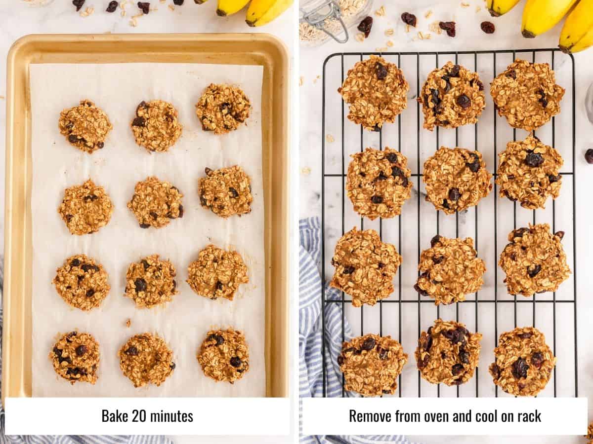 collage of process steps for making breakfast cookies - baking and cooling