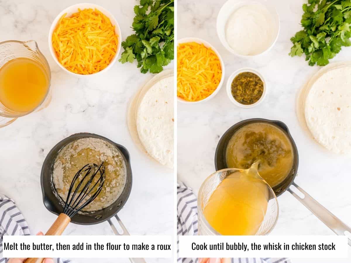 collage of process steps to make sour cream chicken enchiladas