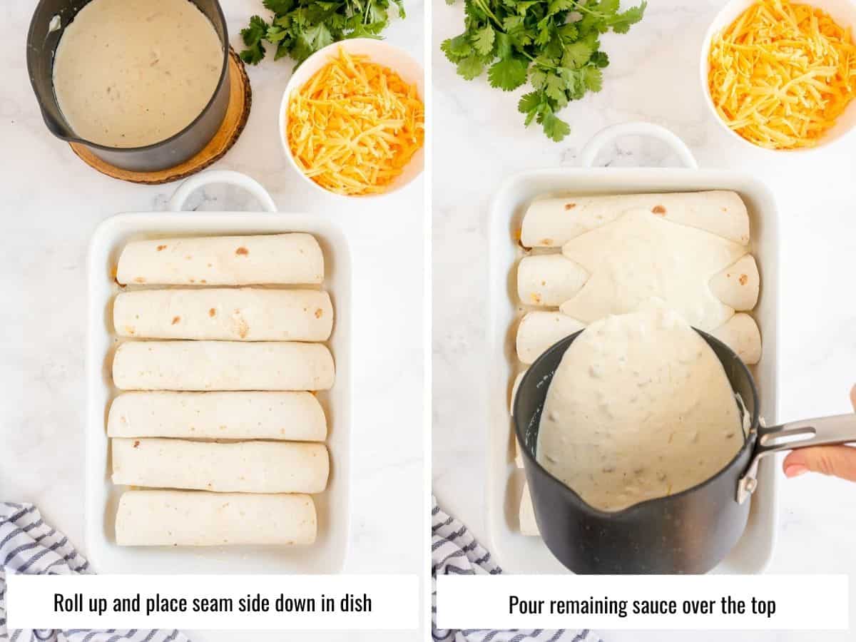 collage of process steps to make sour cream chicken enchiladas
