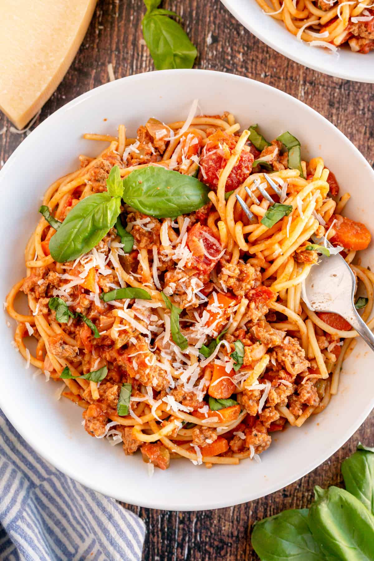 turkey bolognese in a white bowl