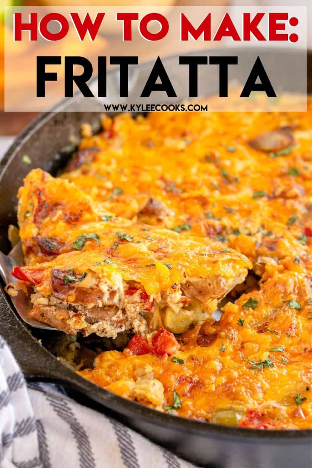 a frittata in a skillet with recipe name overlaid in text.