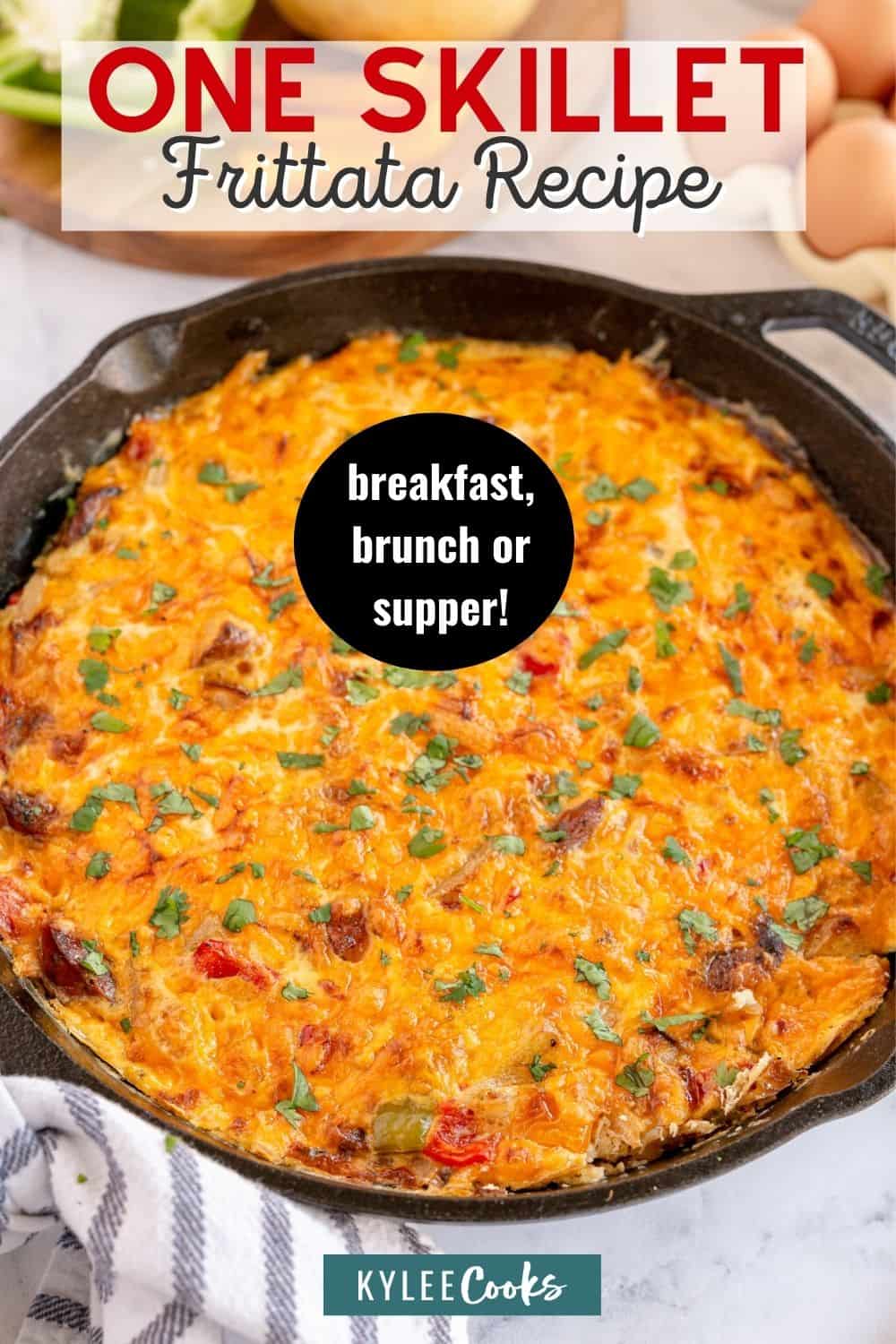 a frittata in a skillet with recipe name overlaid in text.