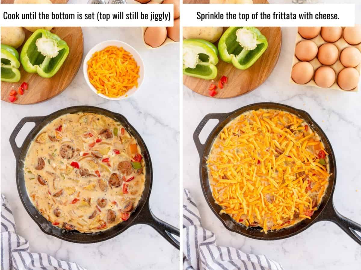 step by step to making a frittata - cooking, adding cheese
