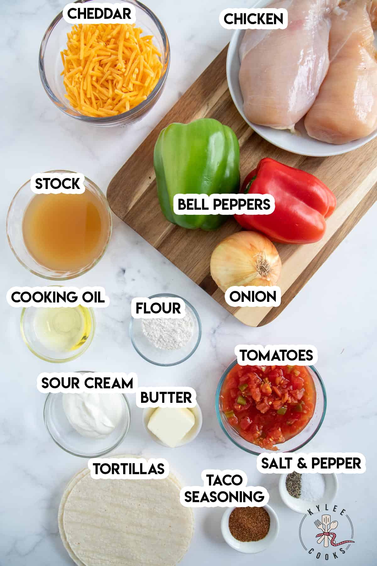 ingredients to make king ranch casserole laid out and labeled