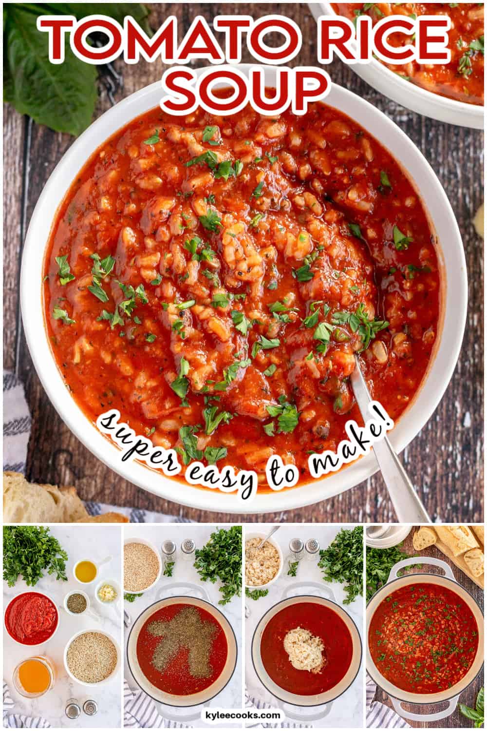 tomato rice soup with recipe title overlaid in text.tomato rice soup with recipe title overlaid in text.