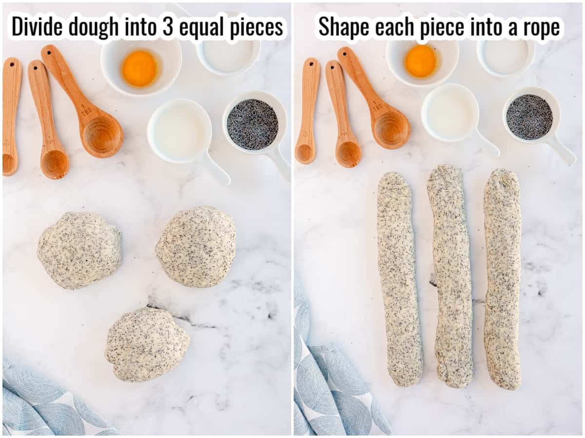 step by step showing dividing dough into three and making ropes for braided bread