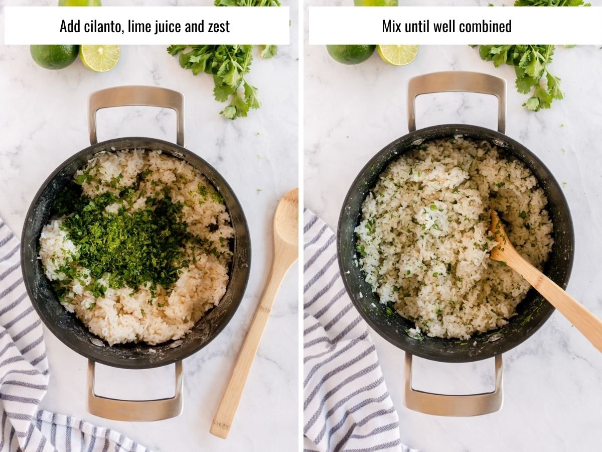 step by step adding cilantro and lime to rice