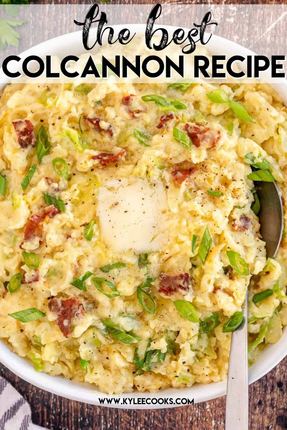 colcannon in a white bowl with recipe name overlaid in text