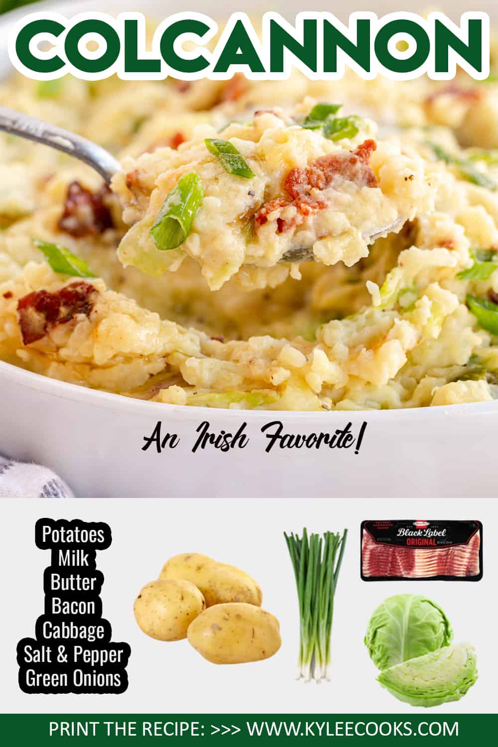 colcannon in a white bowl with recipe name overlaid in text