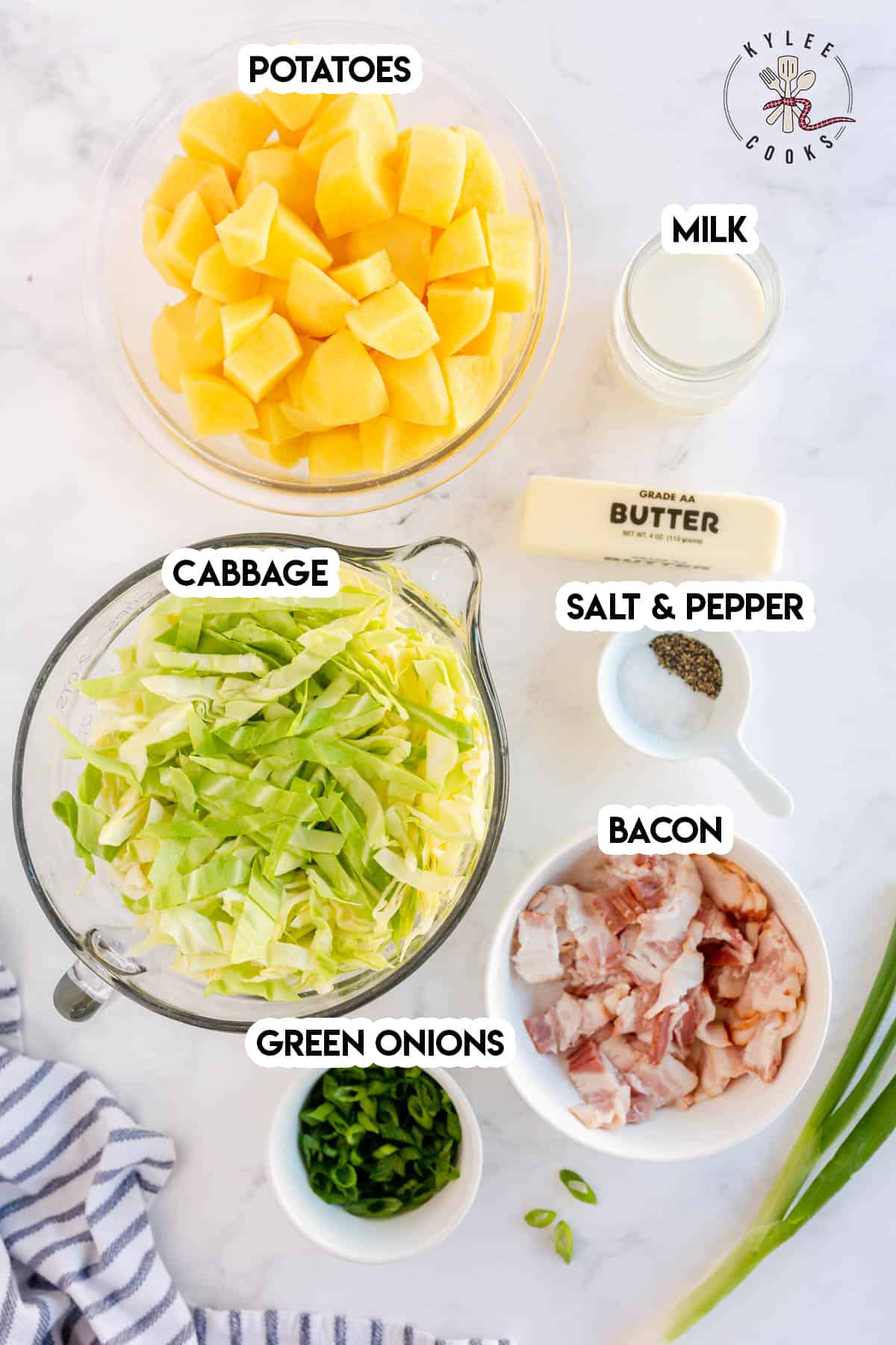 ingredients to make colcannon laid out and labeled