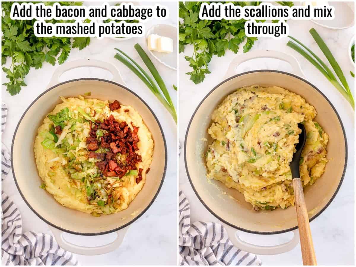 step by step combining cabbage, bacon and onions into mashed potatoes for colcannon
