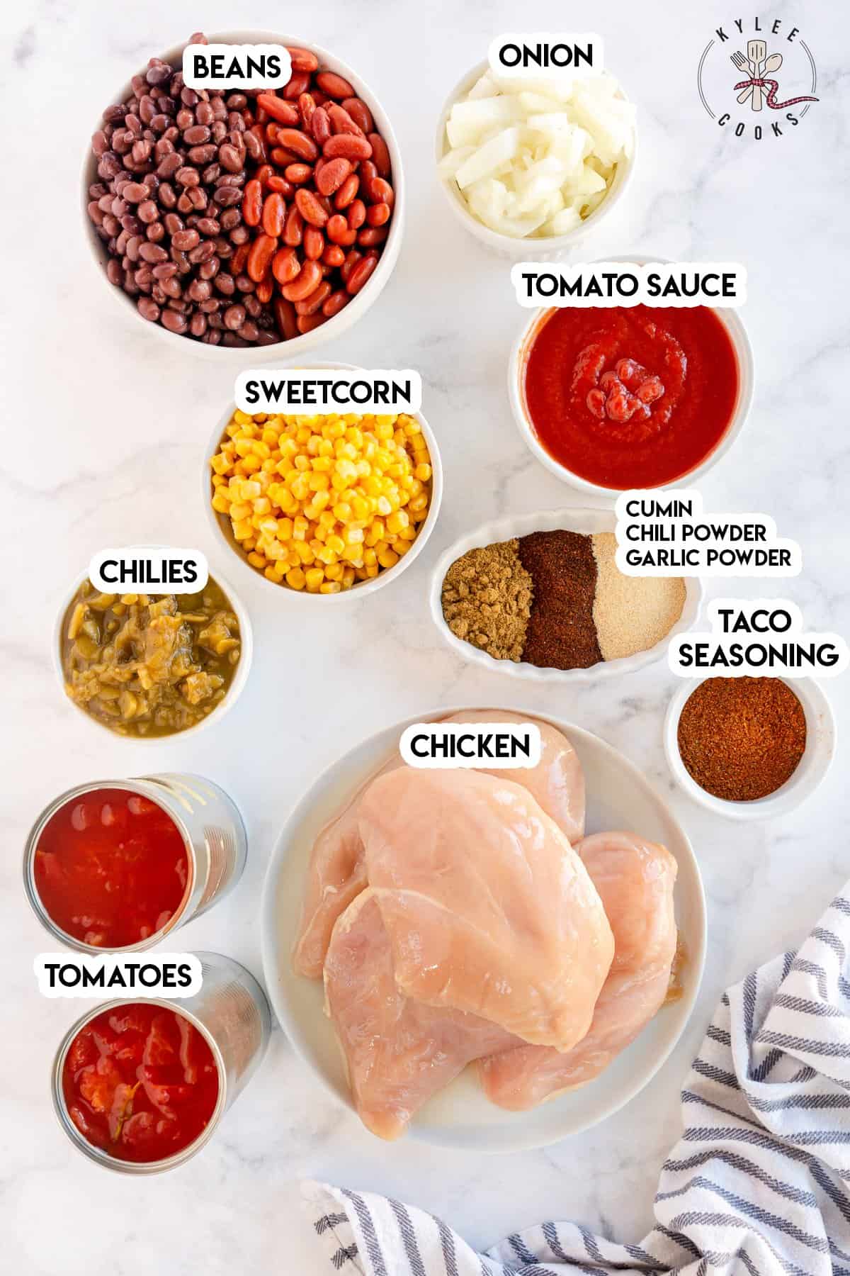 ingredients to make crockpot chicken chili laid out and labeled
